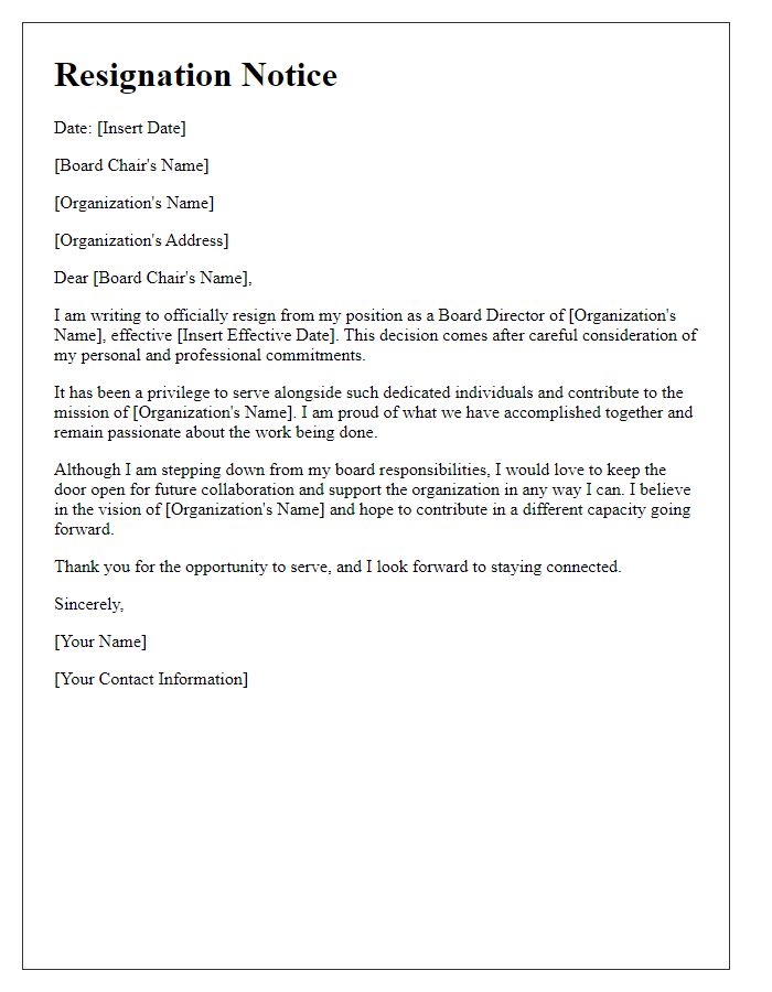 Letter template of board director resignation notice - with future collaboration intent