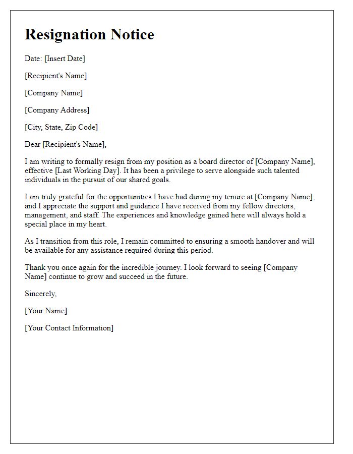 Letter template of board director resignation notice - with gratitude