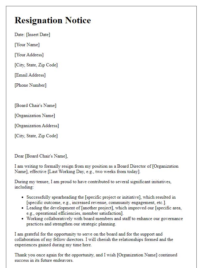 Letter template of board director resignation notice - highlighting achievements