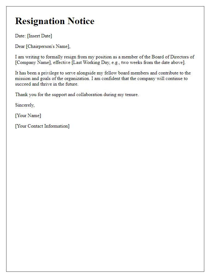 Letter template of board director resignation notice - neutral stance