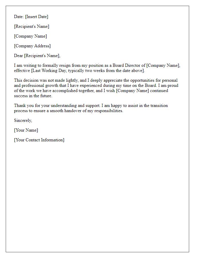 Letter template of board director resignation notice - professional tone