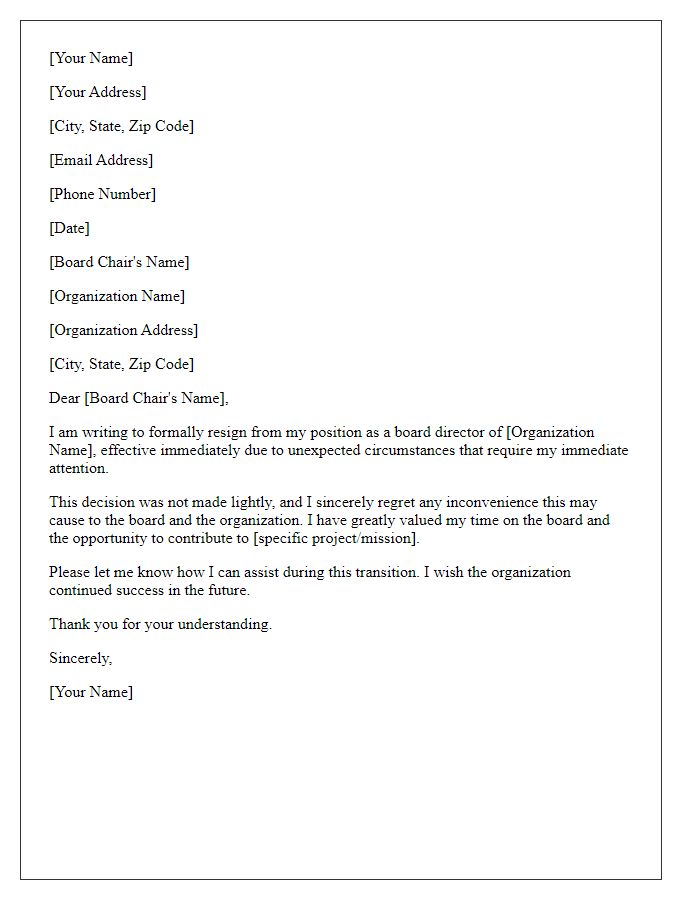 Letter template of board director resignation notice - for unexpected circumstances