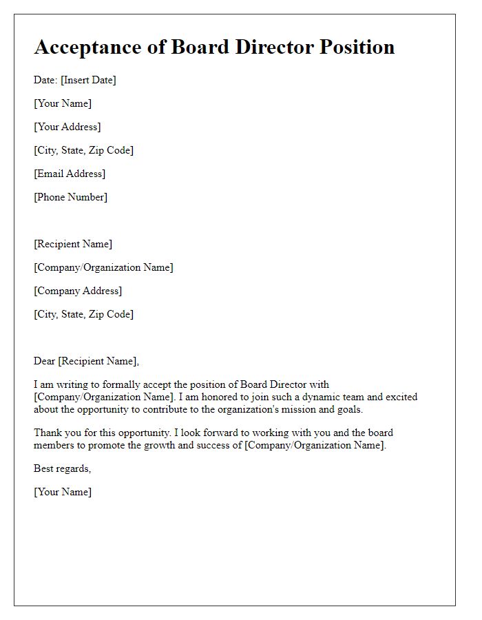 Letter template of acceptance for board director position