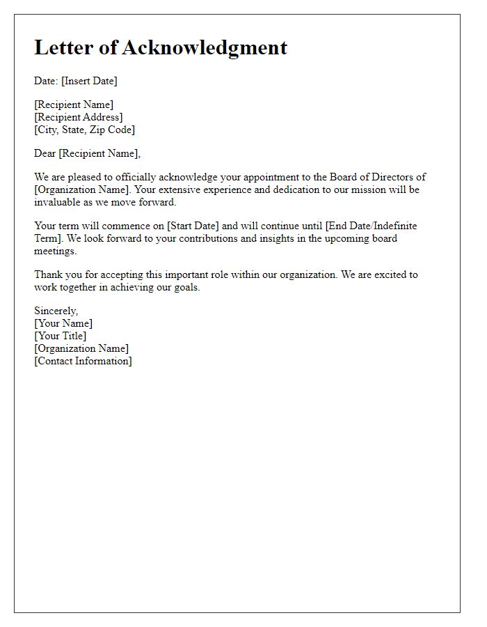 Letter template of acknowledgment for board of directors appointment