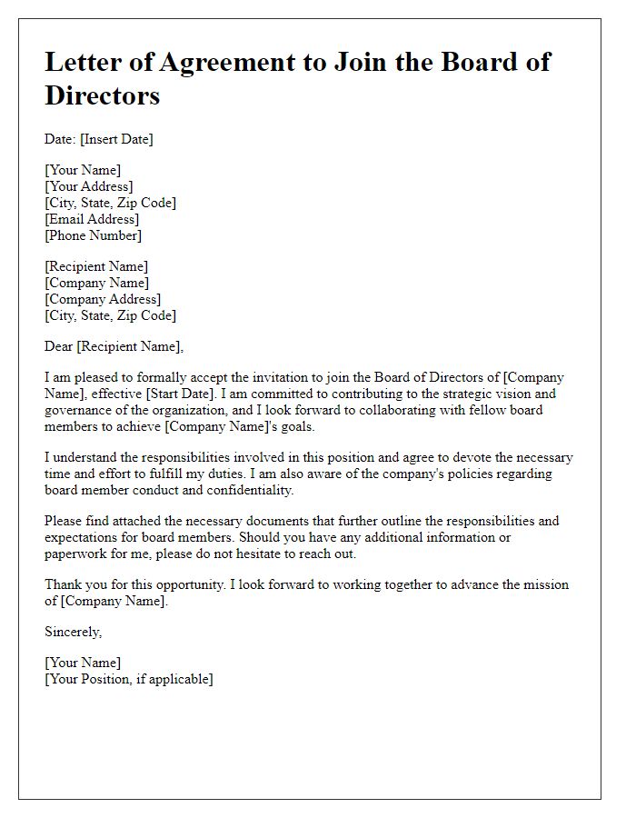 Letter template of agreement to join the board of directors