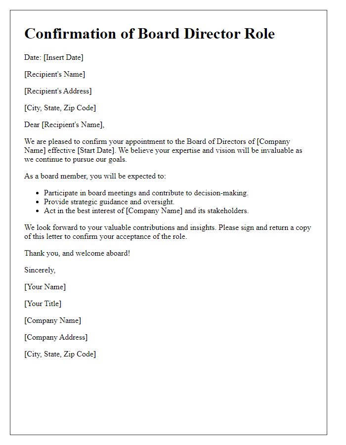 Letter template of confirmation for board director role