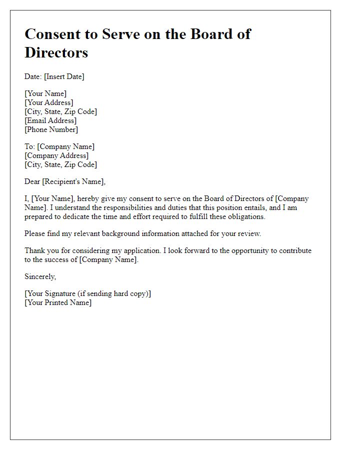 Letter template of consent for entering the board of directors