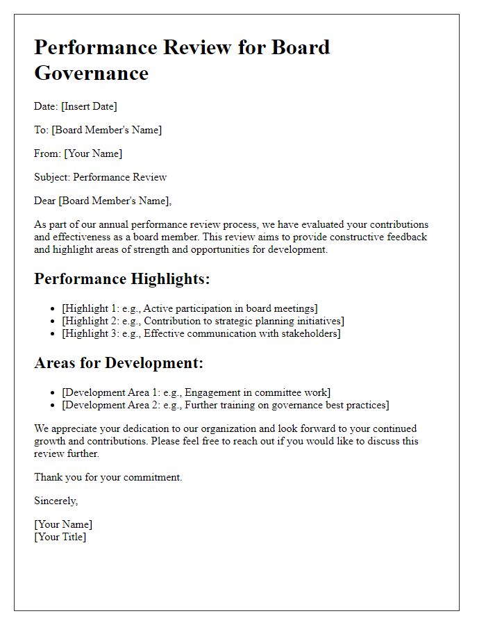 Letter template of performance review for board governance