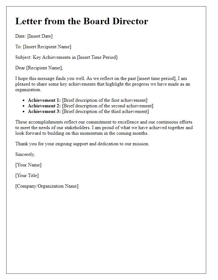 Letter template of board director communication on key achievements