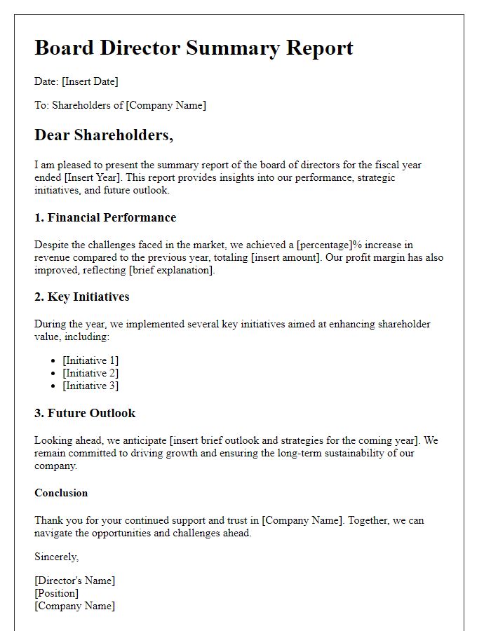 Letter template of board director summary report for shareholders