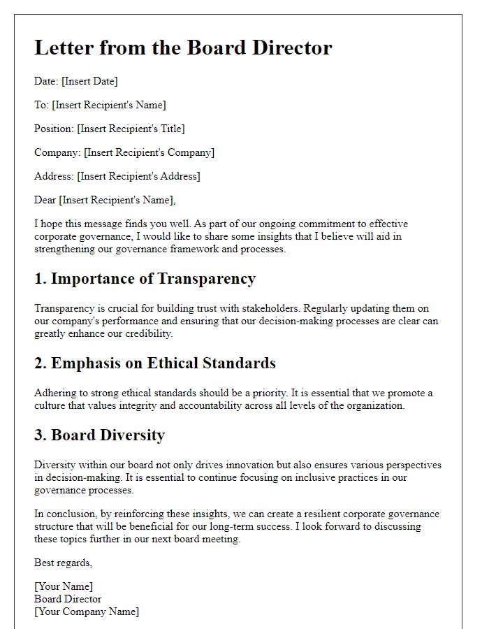 Letter template of corporate governance insights from board director