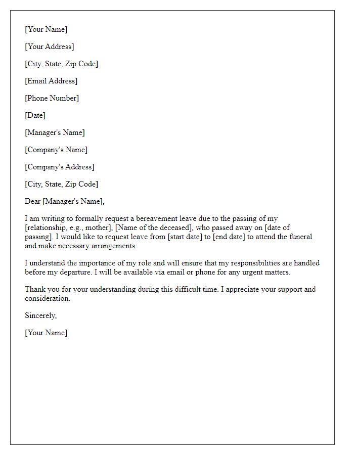 Letter template of bereavement leave request for immediate family member.