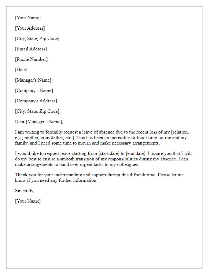 Letter template of emotional leave request following a bereavement.