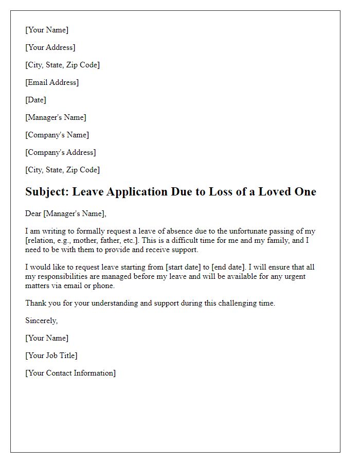 Letter template of leave application due to loss of a loved one.