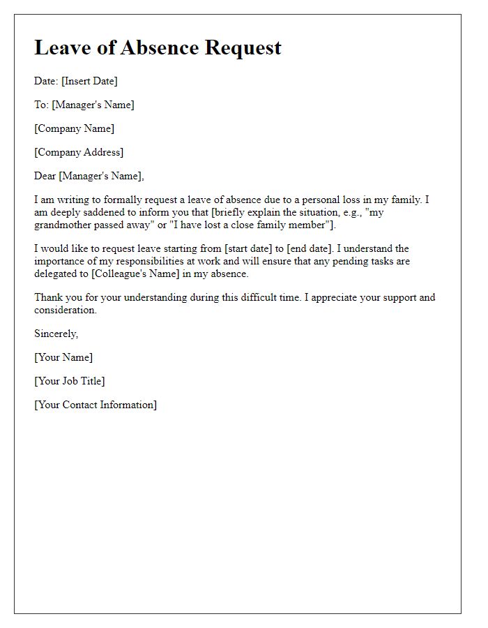 Letter template of leave of absence due to personal loss.