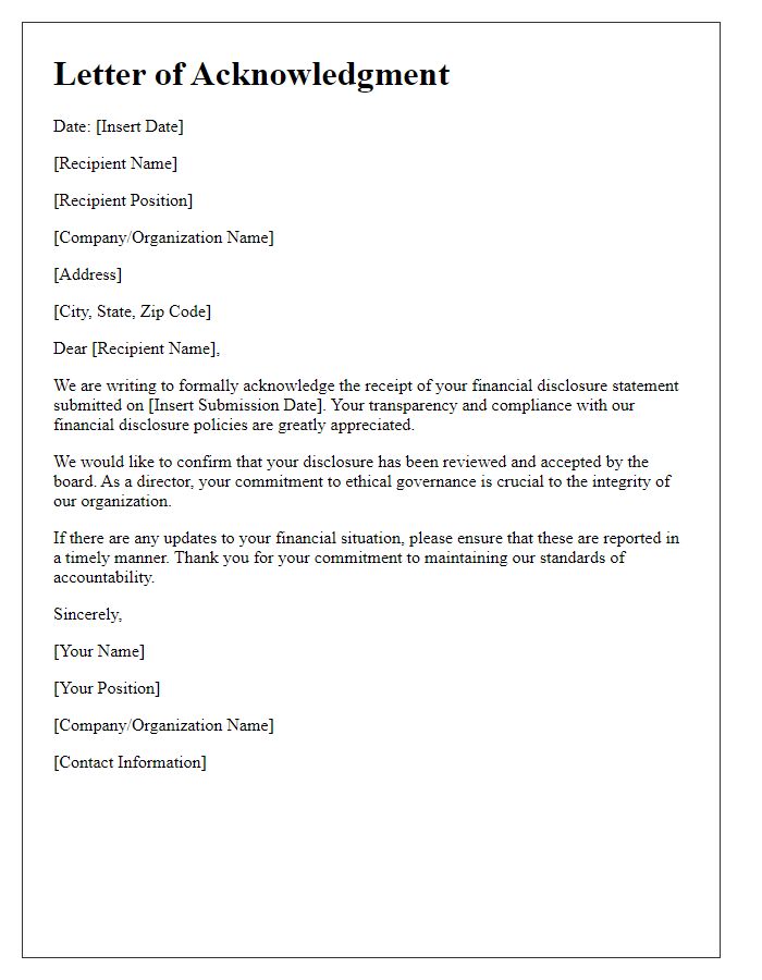 Letter template of acknowledgment for board director financial disclosure acceptance