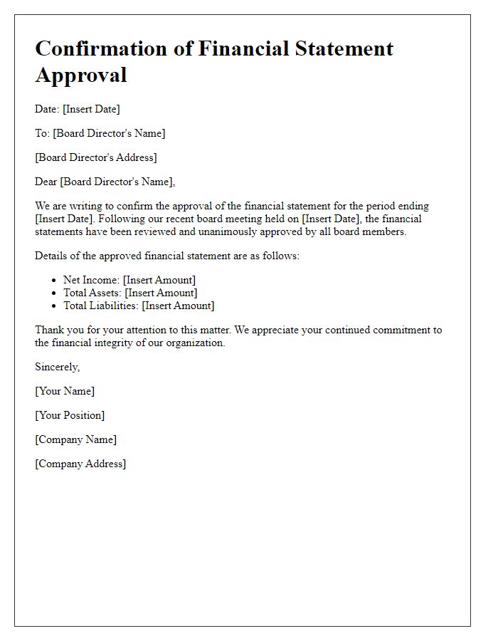 Letter template of confirmation for board director financial statement approval