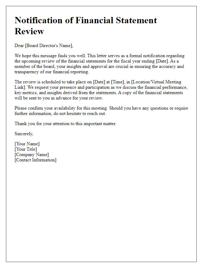 Letter template of notification regarding board director financial statement review