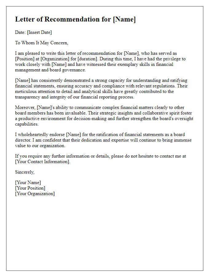 Letter template of recommendation for board director financial statement ratification