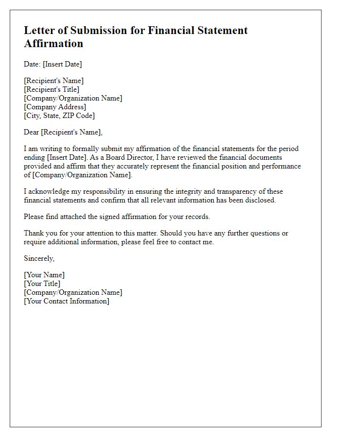 Letter template of submission for board director financial statement affirmation