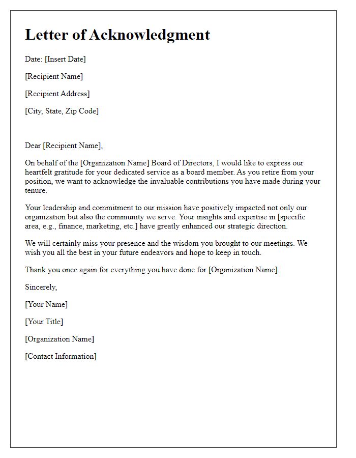 Letter template of acknowledgment for retiring board director