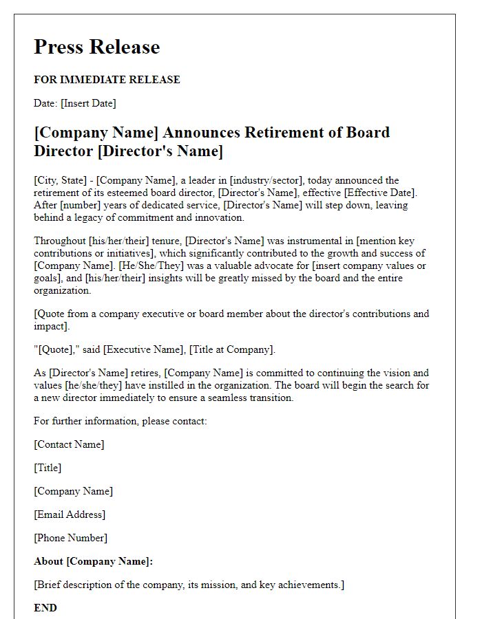 Letter template of board director retirement press release