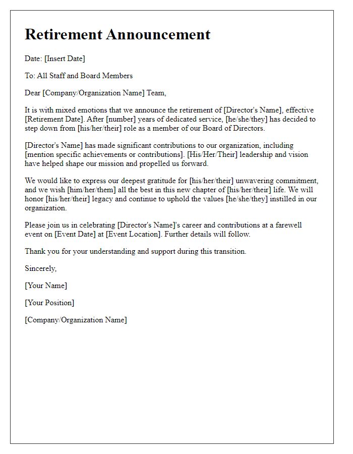 Letter template of formal board director retirement announcement