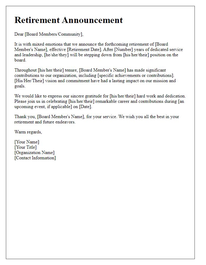 Letter template of retirement announcement for board member