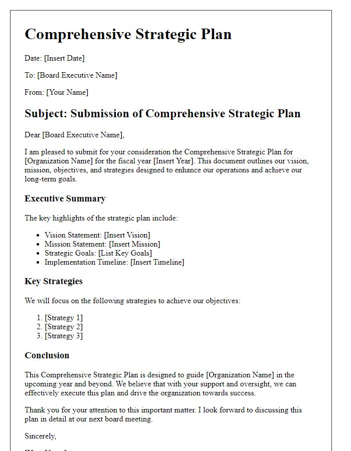 Letter template of comprehensive strategic plan for board executive