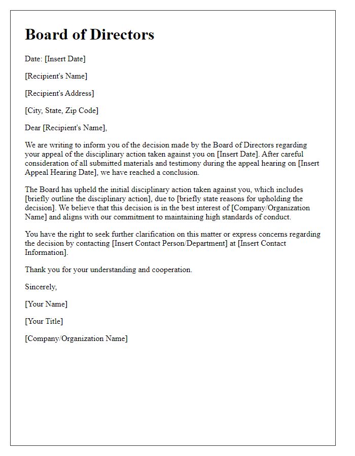 Letter template of board director appeal decision regarding disciplinary action