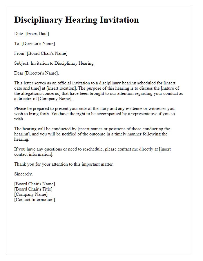 Letter template of board director disciplinary hearing invitation