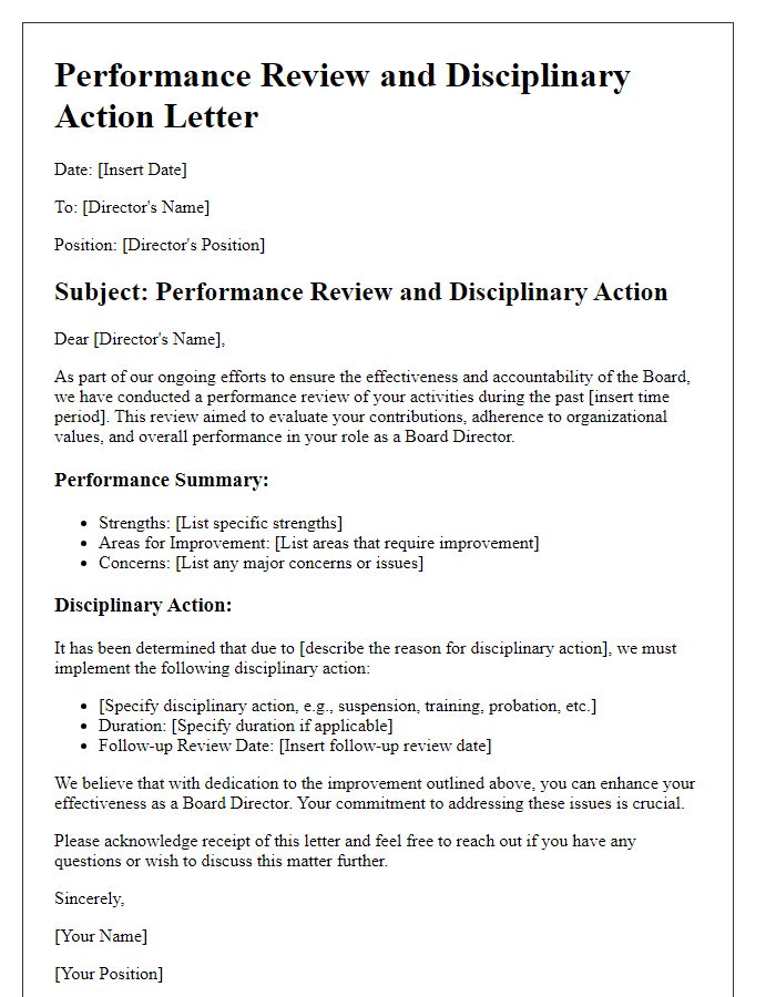 Letter template of board director performance review and disciplinary action