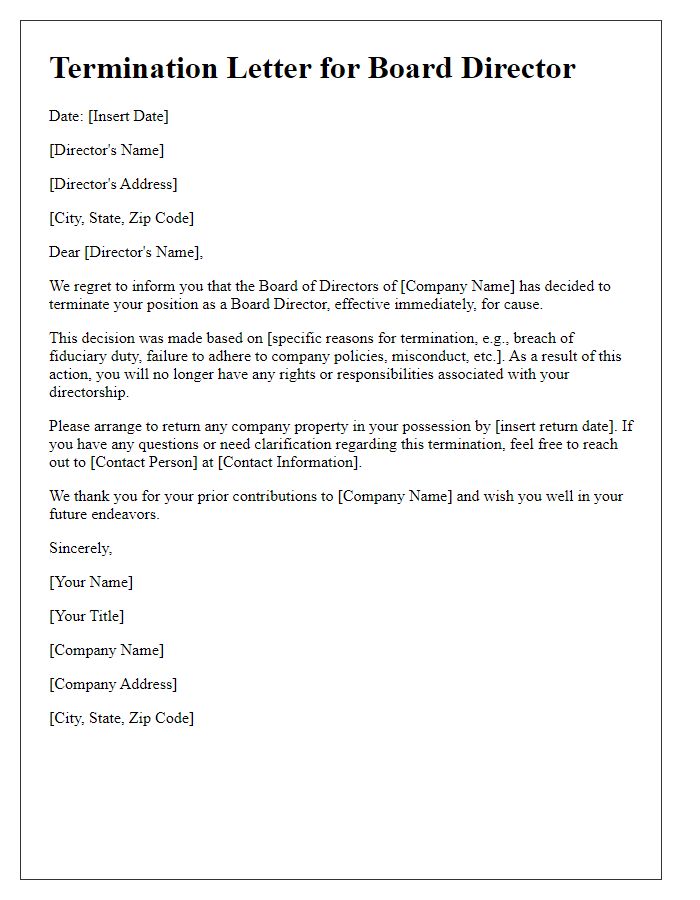 Letter template of board director termination for cause