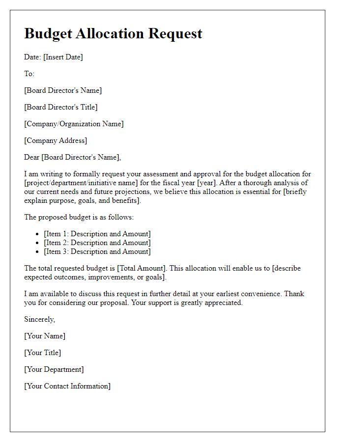 Letter template of budget allocation request for board director assessment