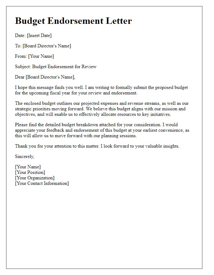 Letter template of budget endorsement for board director review