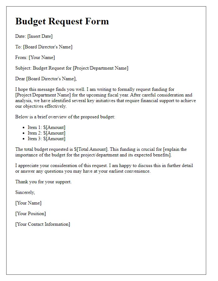 Letter template of budget request for board director consideration