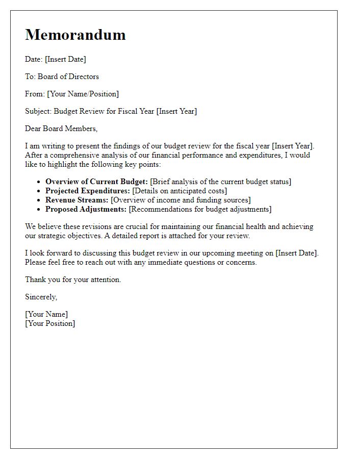 Letter template of budget review memorandum for board directors