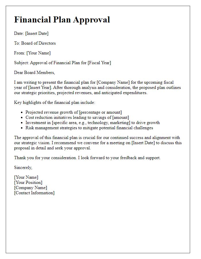 Letter template of financial plan approval for board directors