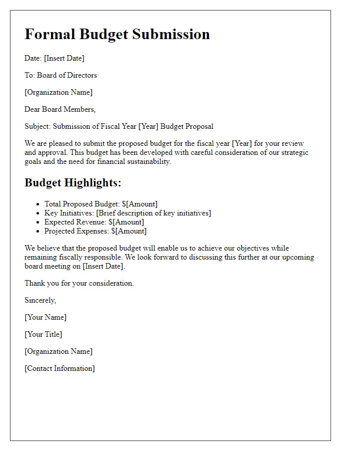 Letter template of formal budget submission to board directors