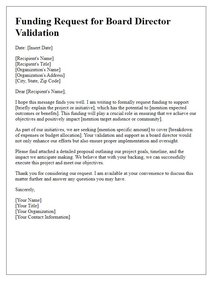 Letter template of funding request for board director validation