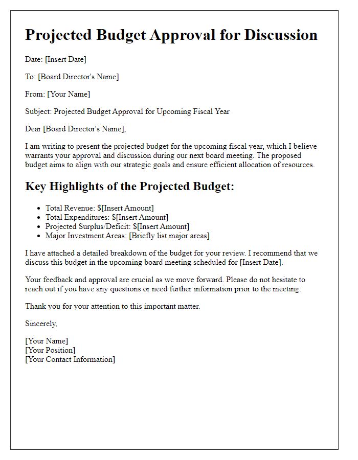 Letter template of projected budget approval for board director discussion