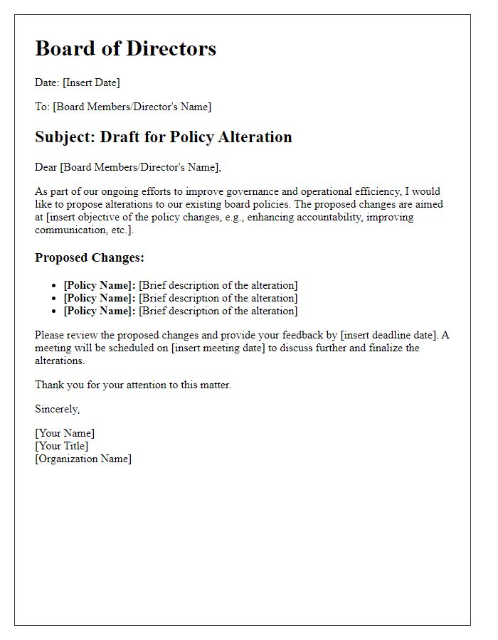 Letter template of board director policy alteration draft