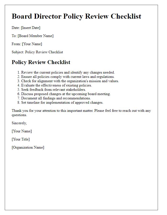 Letter template of board director policy review checklist