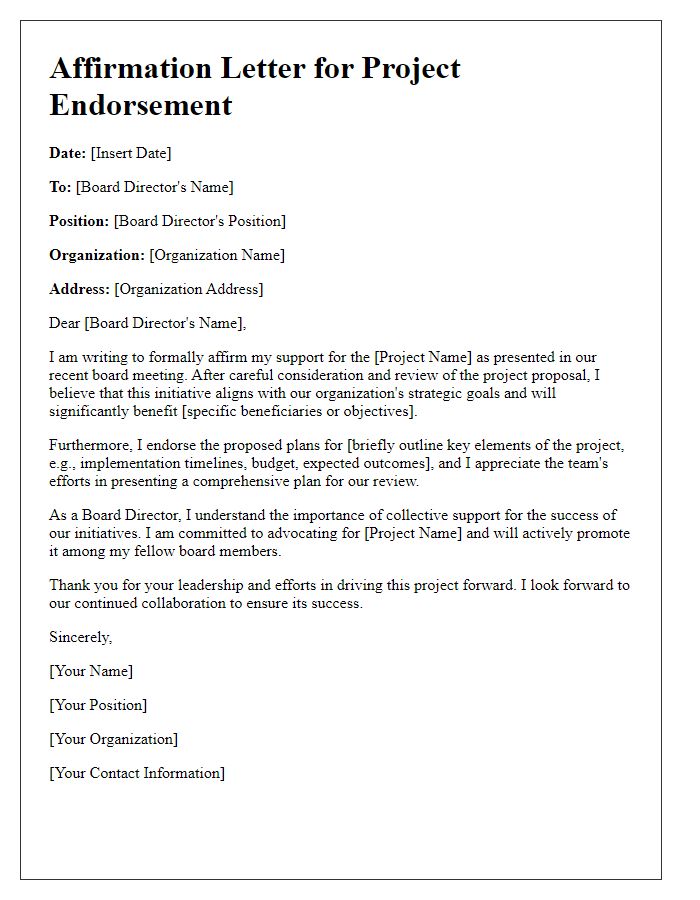 Letter template of affirmation for board director project endorsement.