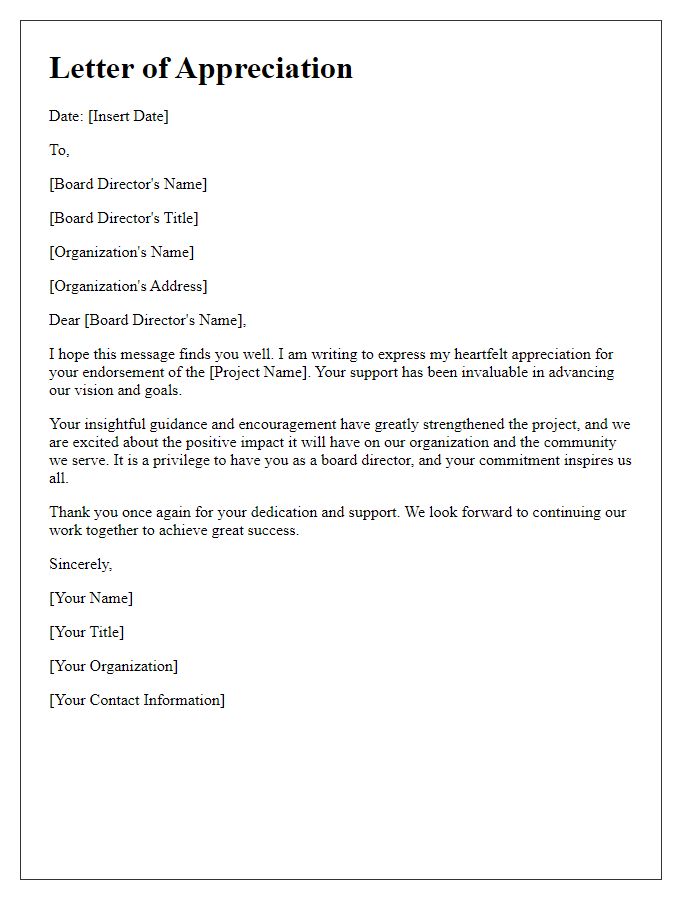 Letter template of appreciation for board director project endorsement.