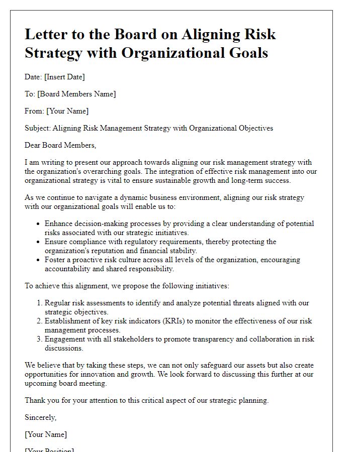 Letter template of aligning risk strategy with organizational goals for board.