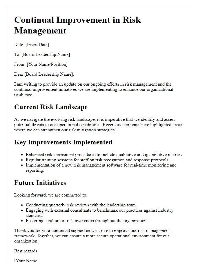 Letter template of continual improvement in risk management for board leadership.