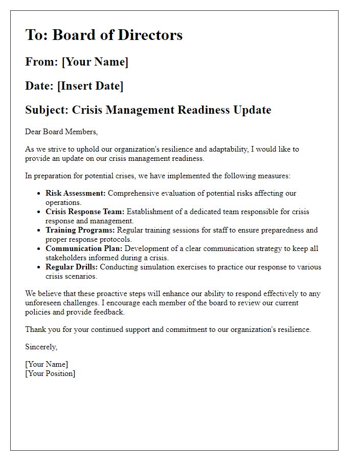 Letter template of crisis management readiness for board directors.