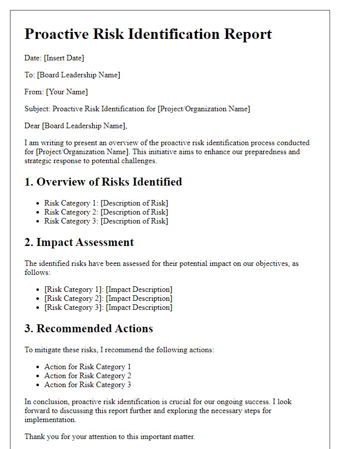 Letter template of proactive risk identification for board leadership.