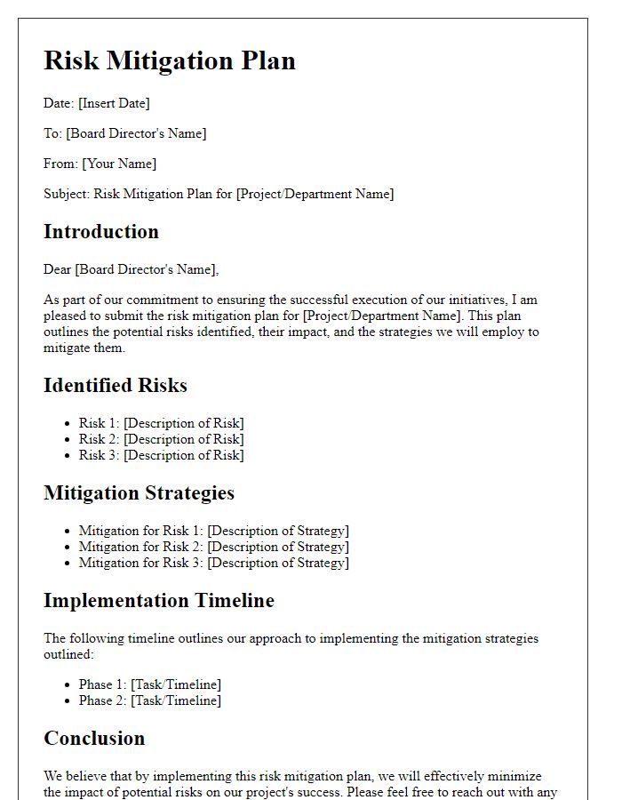 Letter template of risk mitigation plans for board directors.